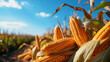 Reife goldgelbe leckere Maiskolben liegen vor dem herbstlichen Feld vor einem blauen Himmel und warten auf die Ernte