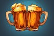 illustration of two clinking mugs with beer and foam on a blue background in cartoon style