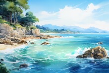 Scenic Landscape Blue Sea Beach Rocks Beautiful Clouds Watercolor Illustration