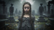 Illustration of a young girl with braids standing in a gloomy cemetery. and wearing a grey dress. Dismal and spooky environment. Fog and mist and statues in the background.