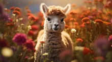 Closeup View Of Cute And Adorable Fluffy Baby Alpaca Nestled In The Field In Happy Mood, Lovely Zoomed Shot Of Animal.