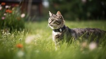 Pet Trackers And GPS Cat Collars. Cat With Tracking Collar In The Forest. Pet Location And Activity Tracking, Wearable Trackers And Collars Can Help Make Sure Dog Or Cat Safe And Healthy.