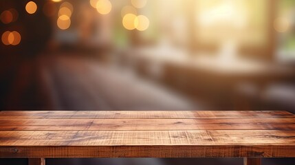 Wall Mural -  a wooden table with a blurry background of a city street.  generative ai