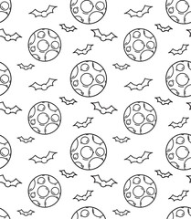 Vector  isolated pattern on the white background, outline illustration of a simple Halloween bats and Moon, clipart useful for halloween party decoration, hand drawn image. 