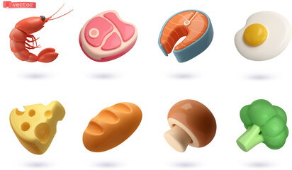 Food simple objects, 3d vector cartoon icon set