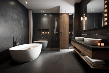 Modern minimalist bathroom, gray marble tiles and two vanities and mirrors.