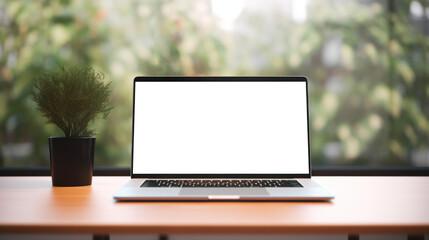 mockup image of laptop with blank transparent screen, on the table by the cup and flowers in a cozy cafe or snack bar environment. Ideal for website marketing and advertising