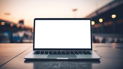 mockup image of laptop with blank transparent screen, on the table by people and sheds in a cozy bus station or railway terminal environment furnishings. Ideal for travel website marketing and adverti