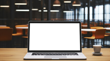 mockup image of laptop with blank transparent screen, on the table in a cozy office lounge area environment furnishings. Ideal for website marketing and advertising