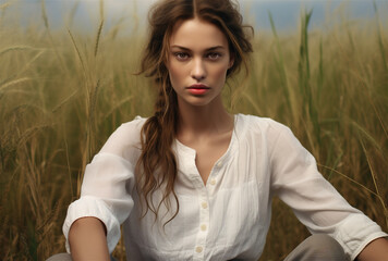 An outdoor environmental portrait of a female fashion model with brown hair wearing a white top and standing in front of a field of wheat.