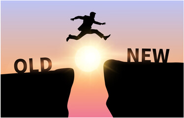 Man jump on a cliff from old to new, concept of innovation and business improvement
