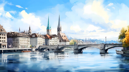 Poster - Illustration of beautiful view of the city of Zurich, Switzerland