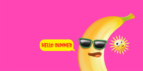 Wall Mural - Hello summer horizontal banner with cartoon sun and funky banana character isolated on summer pink background. Vector 3d horizontal hello summer scene, poster, flyer, banner and background