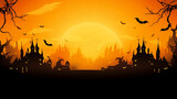 Fototapeta  - copy space, City panorama in halloween style. Scary halloween isolated background. Orange and yellow background. Illustration. Halloween background.