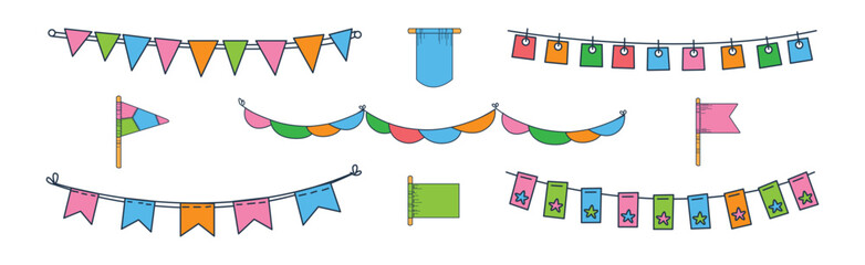 Wall Mural - Party Bunting and Colorful Flag Garland Hanging Vector Set