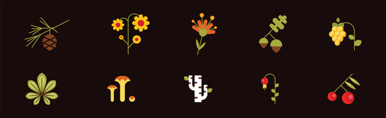 Poster - Forest Flora and Plant Flat Icon on Black Background Vector Set