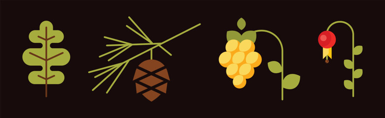 Poster - Forest Flora and Plant Flat Icon on Black Background Vector Set