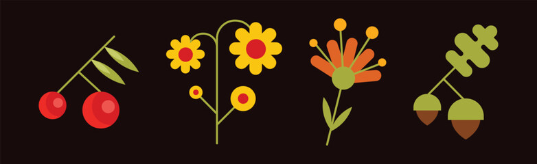 Poster - Forest Flora and Plant Flat Icon on Black Background Vector Set