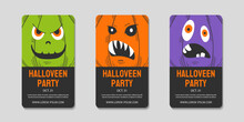 Halloween Party Vector Flyers With Monster Cute And Scary Faces.