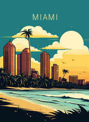 Wall Mural - Miami resort city at sunset. Summer cityscape and sea shore with sand beach and palm trees, vector