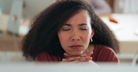 Poster - Confused, business woman and reading on computer in office with email, communication or feedback in online report. Employee, thinking and doubt for a project decision or problem solving challenge