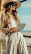 © SHArtistry - Woman wearing wide leg pants in pale taupe, aviator sunglasses, relaxed vibe with tablet in hand, mockup, ai generative