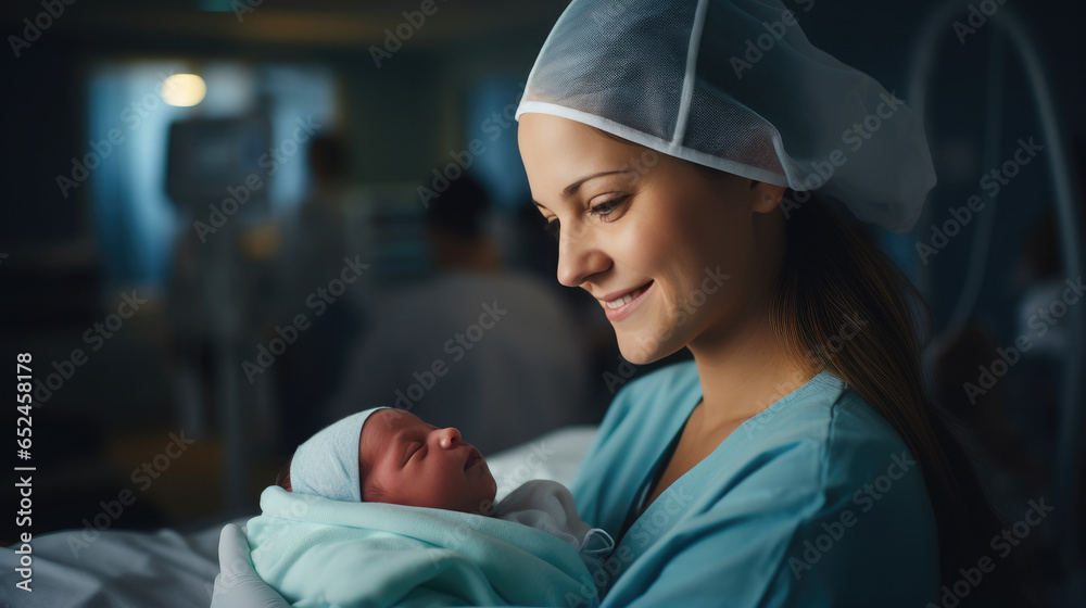 Generative AI, woman holding a newborn baby in her arms in the delivery ...