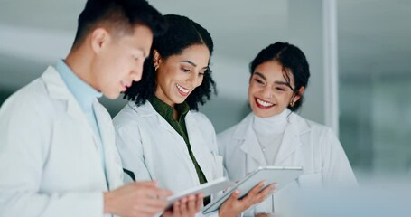 Poster - Scientist, teamwork and tablet for laboratory research, data analysis and medical results or report. Doctors, science students or women and mentor digital technology for healthcare advice or support