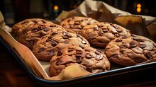 Fresh Baked Handmade Chocolate Cookies On Baking Paper.
