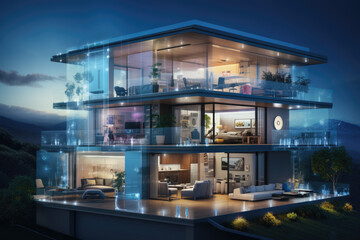Poster - A futuristic smart home with AI-powered devices controlling lighting and temperature. Generative Ai.