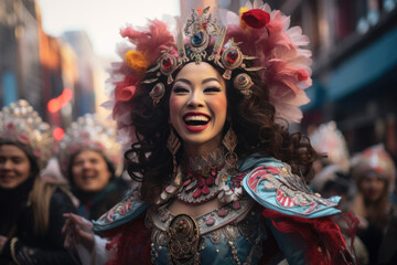 Sticker - A vibrant and colorful Chinese New Year parade with performers in costumes. Generative Ai.