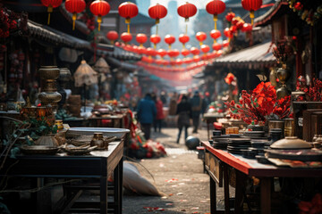 Wall Mural - The vibrant and bustling atmosphere of a Chinese New Year street market. Generative Ai.