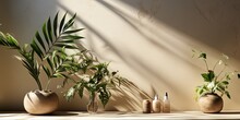Blank Beige Brown Cement Curve Counter Podium With Texture, Soft Beautiful Dappled Sunlight, Leaf Shadow On White Wall For Luxury Organic Cosmetic, Skincare, Beauty Treatment Product