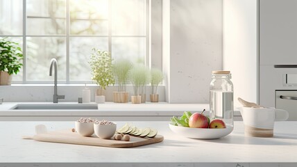 a fitness breakfast spread on a clean, minimalist kitchen countertop. wholesome ingredients and modern aesthetics, creating an inspiring start to the day.