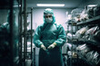 Morgue technician in full protective gear