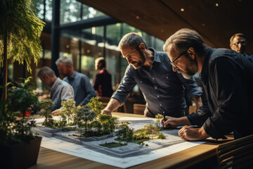 Poster - a team of architects sketching plans for a sustainable and environmentally friendly building. concep