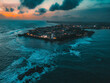 Aerial night view of the renowned Galle Fort, a historic fortress and iconic lighthouse landmark located in Galle, Sri Lanka, Asia. Ideal for travel and historical themes, landscape