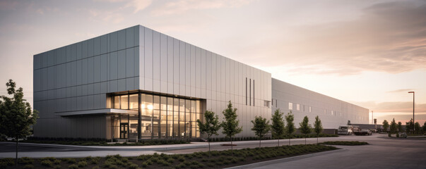 Factory's exterior, featuring clean lines, innovative architecture, and eco-friendly features