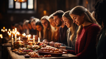Happy Thanksgiving Day! Group of young people sitting at the table in the church during the christian feast.