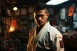 Karate fighter focused on trophy -filled dojo., generative IA