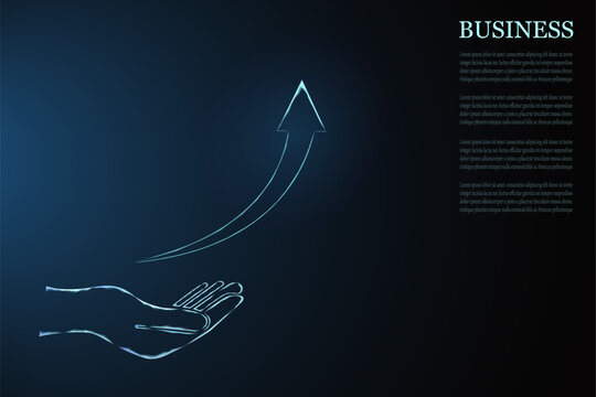 Illustrative icon business arrow up on the hand. The return on the investment chart increases. Vision of sustainable financial growth. Up arrow vector icon on blue background.