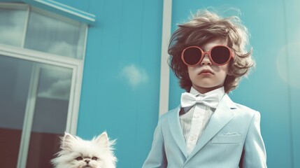 Poster - A little boy in a suit and sunglasses with a dog. Generative AI.