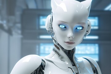 A white robot with blue eyes standing in a room. Generative AI.