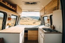 Modern Camper Van Interior With Cabinets, Stove, And Window Overlooking Nature On A Road Trip. Generative AI
