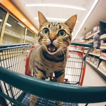 A Cat Sitting In A Shopping Cart In A Store. Generative AI.