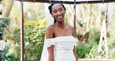 Wedding, portrait of bride with smile in gazebo with garden for celebration of love, future and commitment. Outdoor marriage, flowers and plants, happy black woman in nature, sunshine and park event.