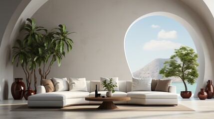 Wall Mural - Minimalist home interior design of a modern living room with a curved white sofa in a room with an arch