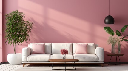 Wall Mural - Minimalist home interior design of a modern living room with a leather sofa against a pink wall