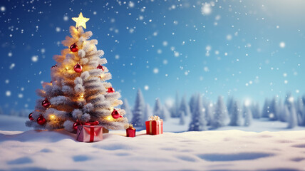 christmas tree with decorations.merry christmas and happy new year greeting card with copy-space.