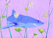 Ilustracja rekin pływający wśród kwiatów różowa woda.